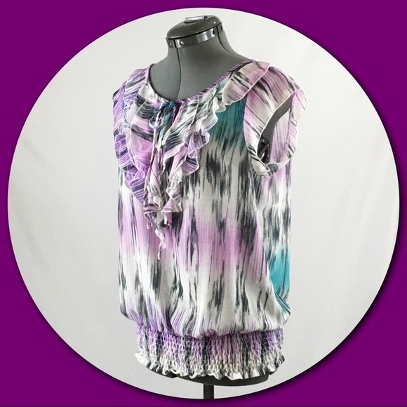 𝅺she's Cool 💕Bright Multi-hues Ruffled Sheer Top💕 - Picture 2 of 4